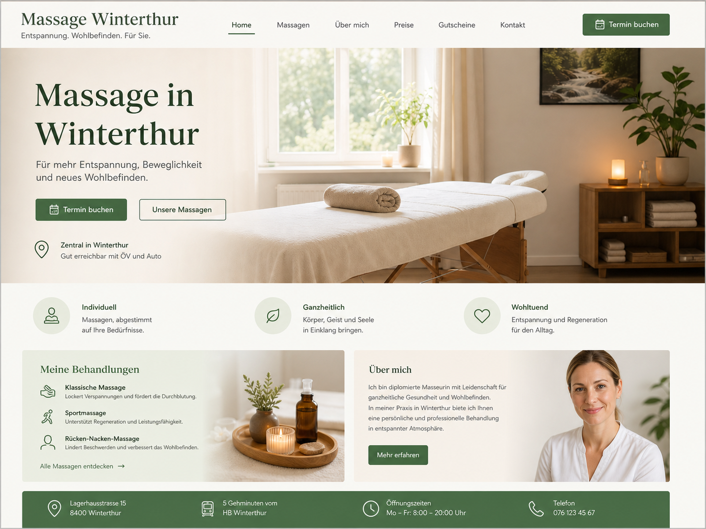 Webseitenvorschau einer Massagepraxis mit Behandlungsraum und Terminbereich